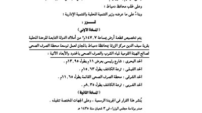 تخصيص قطعة أرض بقرية سيف الدين بمركز الزرقا لعمل توسعات للصرف الصحى