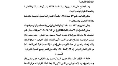 إسقاط العضوية عن عضو مجلس إدارة بجمعية طوخ للإصلاح الزراعى