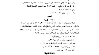 تخصيص 350 م بحوض نور الدين الليثي بالباجور لإقامة توسعة المدرسة الابتدائية