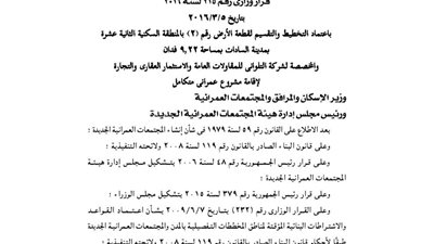 اعتماد تخطيط تقسيم قطعة أرض بمدينة السادات لصالح شركة التلوانى