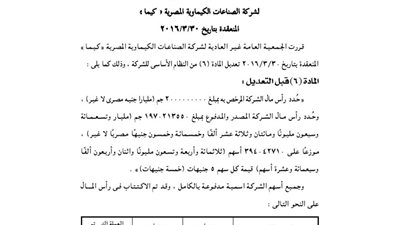 قرارات الجمعية العمومية غير العادية لشركة كيما للصناعات الكيماوية