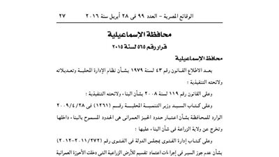 اعتماد مشروع تقسيم قطعة أرض لصالح أحد المواطنين بالإسماعيلية
