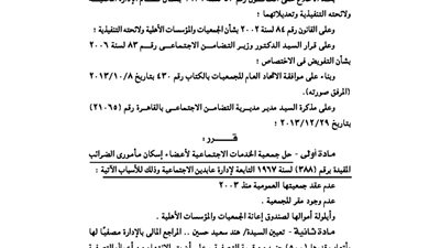 حل جمعية الخدمات الاجتماعية لأعضاء إسكان مأموري الضرائب