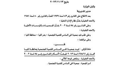 قيد جمعية الحى السادس للتنمية المجتمعية بمحافظة المنيا