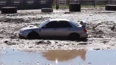 بالفيديو.. سائق يخوض تحدي القيادة في بركة طينية