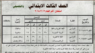 جدول امتحانات الفصل الدراسي الثاني للمرحلة الابتدائية بالبحيرة (صور)