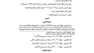 تخصيص 25337 م بشرم الشيخ لإقامة محطة تغذية كهربائية بالطاقة الشمسية