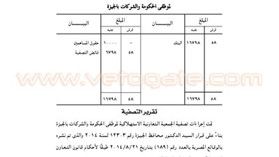 ميزانية التصفية للجمعية الاستهلاكية لموظفي الحكومة والشركات بالجيزة