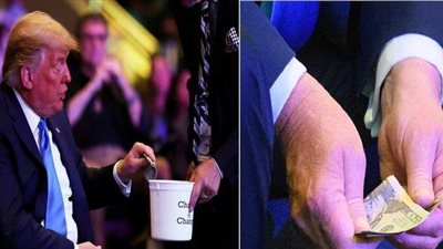طلع بخيل وعد الفلوس كذا مرة.. كاميرا ترصد تصرفا غريبا لترامب أثناء تبرعه لكنيسه | فيديو