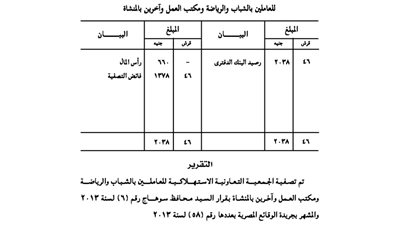 ميزانية الجمعية التعاونية للعاملين بالشباب والرياضة ومكتب عمل المنشأة