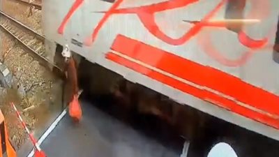 امرأة تخاطر بحياتها لحظة عبور قطار مسرع (فيديو)