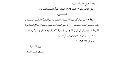 بالأسماء: الداخلية تأذن لـ167 مواطنًا بالتجنس بجنسيات غير المصرية