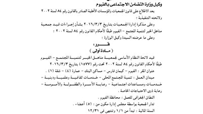 قيد لائحة جمعية مناهل الخير للتنمية بالفيوم