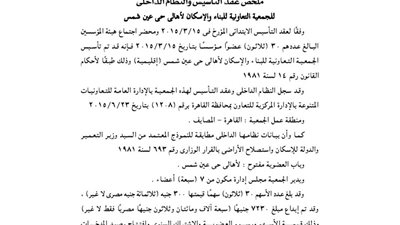 ملخص عقد تأسيس الجمعية التعاونية للإسكان لأهالى عين شمس