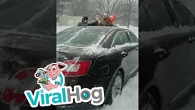أب يستخدم ابنه كممسحة لتنظيف الثلج من سيارته (فيديو)