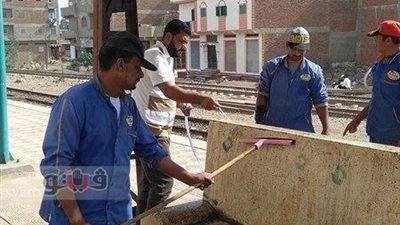 بالصور.. حملة نظافة بمحطة قطار بيلا في كفر الشيخ