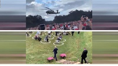 مروحية أمام سلم منحوت.. ترامب يعاير بايدن بطريقة دخوله للتجمعات الانتخابية | فيديو