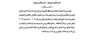 إعادة تقدير القيمة الإيجارية للأراضى الزراعية بالشرقية