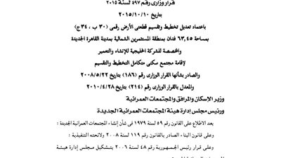 اعتماد تقسيم 63 فدانا بمنطقة المستثمرين مخصصة لـ«الخليجية للتعمير»