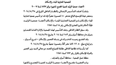 عقد تأسيس جمعية الإسكان لأعضاء جمعية الوليد لتنمية المجتمع بأسوان