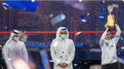 وائل جمعة وهيثم فاروق يهنئان علي فرج بتتويجه ببطولة قطر كلاسيك للإسكواش | فيديو