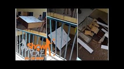 بالفيديو والصور.. إلقاء طلاب «دولاب» من طابق علوى ينتهى بكارثة