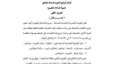 مديرية المساحة بالمنصورة تعلن عن نفقات المصارف المغطاة