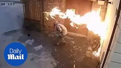 رجل يشعل النار في نفسه عن طريق الخطأ (فيديو)