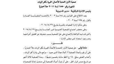 قرار حل جمعية الأنوار للأعمال الخيرية بكفر الزيات