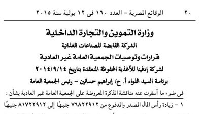 توصيات الجمعية العمومية لشركة أدفينا