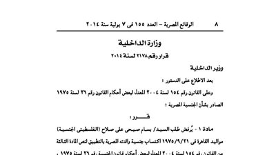 رفض طلب فلسطيني للحصول على الجنسية المصرية