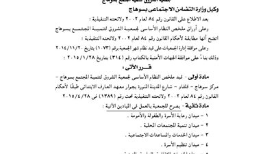 قيد ملخص نظام جمعية الشروق لتنمية المجتمع بسوهاج