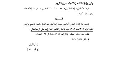 تعديل قيد لائحة النظام الأساسي لجمعية المحافظة على البيئة بالفيوم