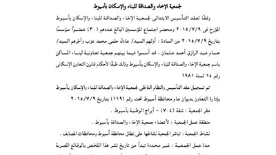 ملخص عقد تأسيس جمعية الإخاء والصداقة بأسيوط