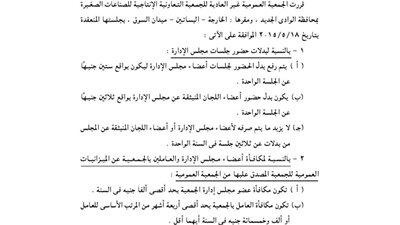 تعديل عقد تأسيس الجمعية الإنتاجية للصناعات الصغيرة بالخارجة