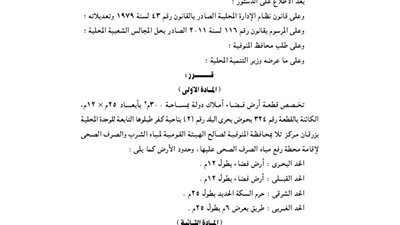 تخصيص قطعة أرض بكفر طبلوها بالمنوفية لإقامة محطة رفع مياه