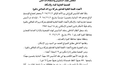 ملخص تأسيس جمعية الإسكان للعاملين بدريم لاند للملاهى بالجيزة