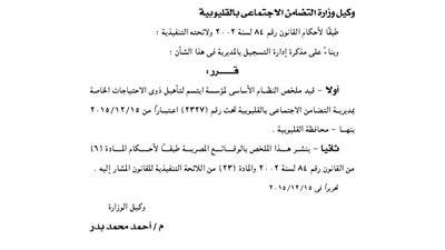 قيد ملخص النظام الأساسى لمؤسسة ابتسم لذوى الاحتياجات الخاصة