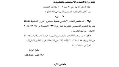 قيد ملخص نظام جمعية مستثمرى الشروق الصناعية بالخانكة