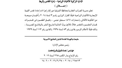 إعادة تقدير القيمة الإيجارية للإطيان الزراعية بالشرقية