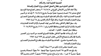 عقد تأسيس الجمعية التعاونية للعاملين بقطاع التمثيل التجارى بوزارة التجارة