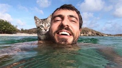 قطة تعشق السباحة من أجل مالكها (فيديو وصور)