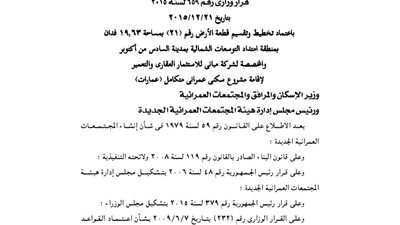 اعتماد تقسيم 19 فدانا بالتوسعات الشمالية لإقامة مشروع سكنى