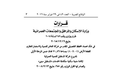 اعتماد المخطط التفصيلى لإقامة مدينة سكنية لصالح شركة المستقبل