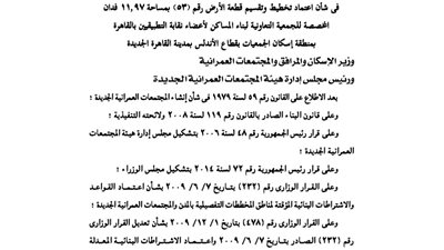 الإسكان.. تعتمد تخطيط الأرض المخصصة لأعضاء نقابة التطبيقيين