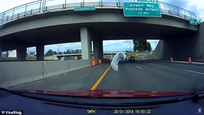 لحظات مرعبة يعيشها سائق على طريق سريع والسبب كيس بلاستيك (فيديو وصور )