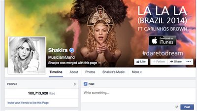 100 مليون مشترك بصفحة «شاكيرا» على «فيس بوك»