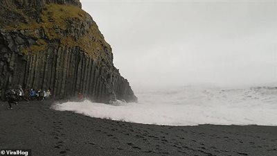 مفاجأة غير متوقعة لرجل على الشاطئ الأسود بأيسلندا (فيديو)