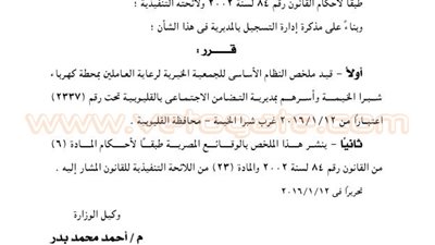 قيد ملخص النظام الأساسي لجمعية العاملين بمحطة كهرباء شبرا الخيمة