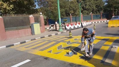 معلمو وطلاب التعليم الفني يشاركون في دهان أعمدة الإنارة وإشارات المرور بأسيوط | صور